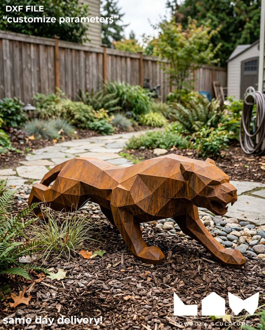 Angry Panther lowpoly metal sculpture DXF laser cut welded or riveted render preview 1