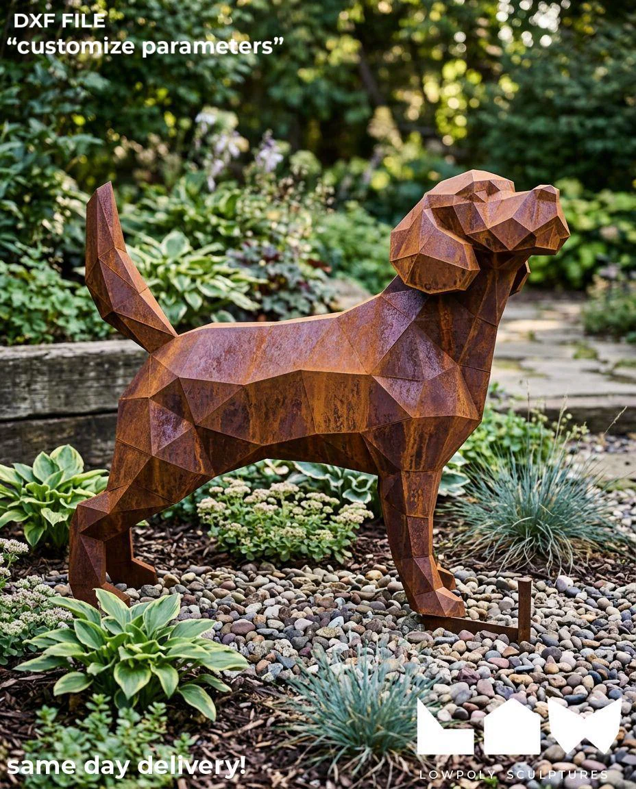 Beagle lowpoly metal sculpture DXF laser cut welded or riveted render preview 1