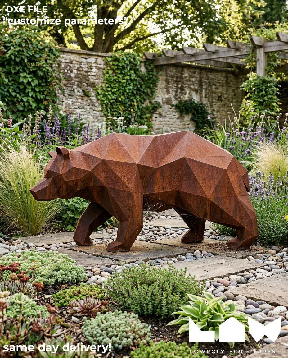 Bear Walk lowpoly metal sculpture DXF laser cut welded or riveted render preview 1