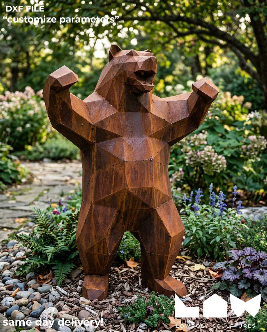 Bear lowpoly metal sculpture DXF laser cut welded or riveted render preview 1