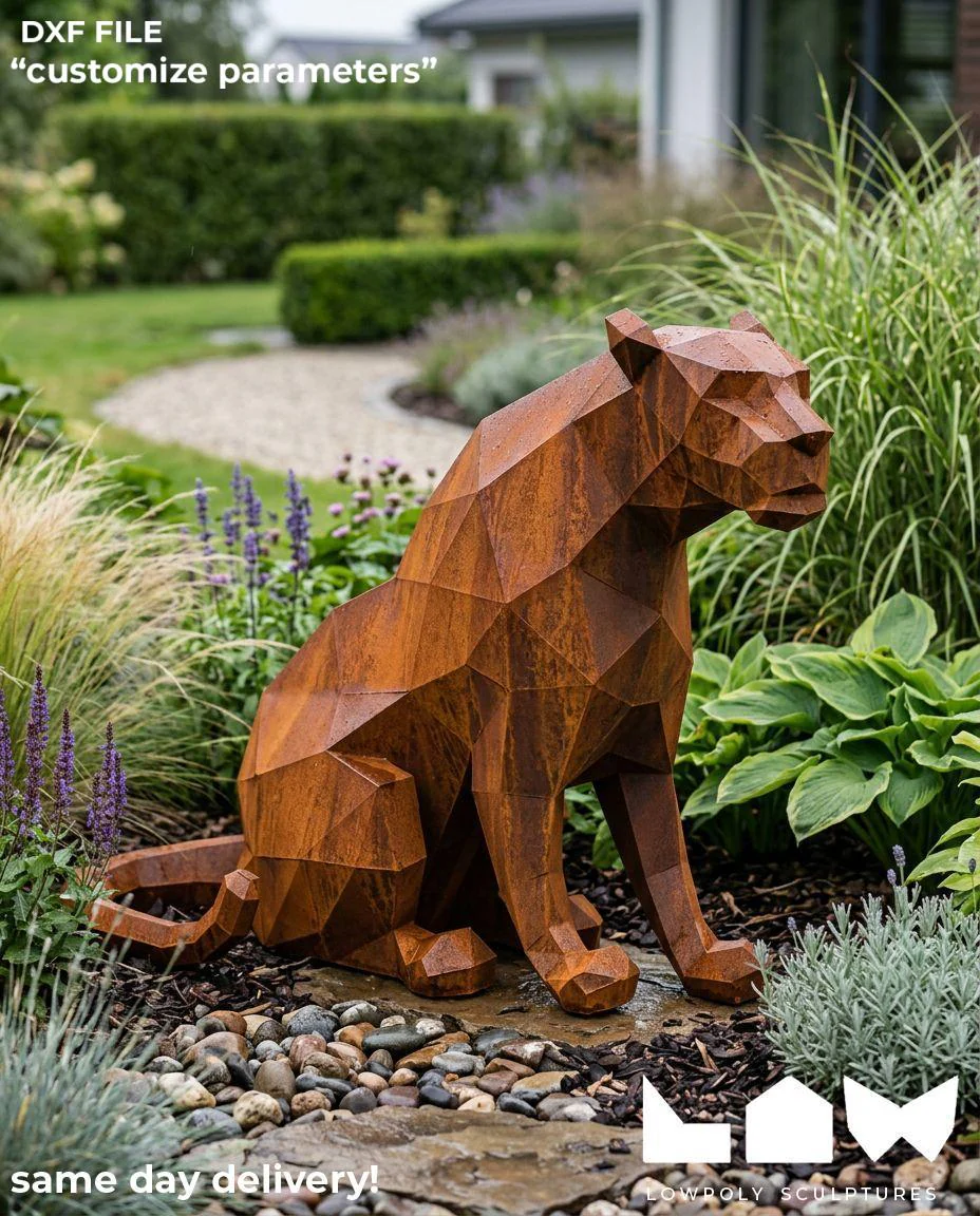 Black Panther Sit lowpoly metal sculpture DXF laser cut welded or riveted render preview 1
