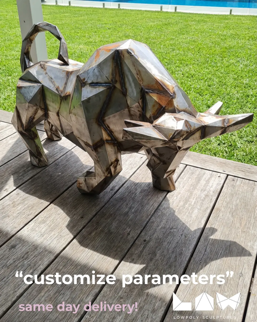 Bull lowpoly metal sculpture DXF laser cut welded or riveted render preview 1