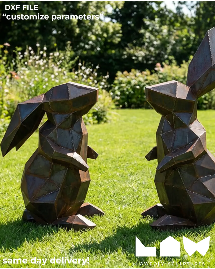 Bunny lowpoly metal sculpture DXF laser cut welded or riveted render preview 1