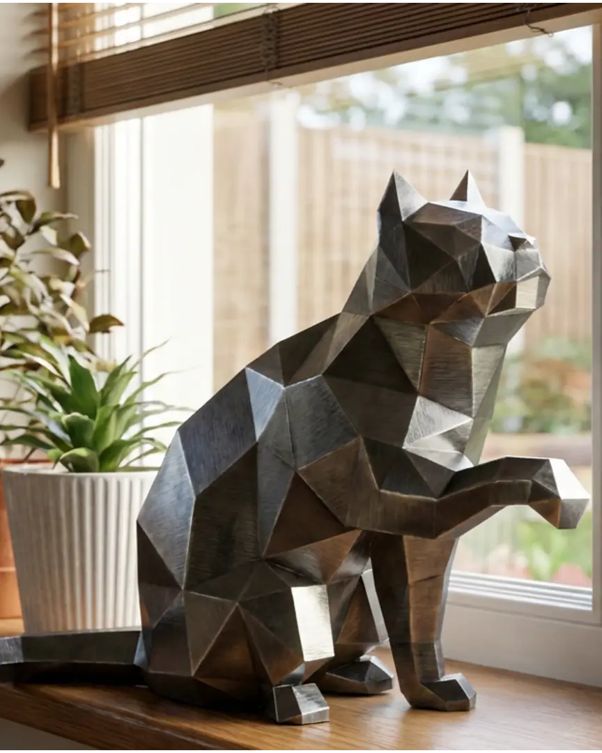 Cat Sit lowpoly metal sculpture DXF laser cut welded or riveted render preview 1