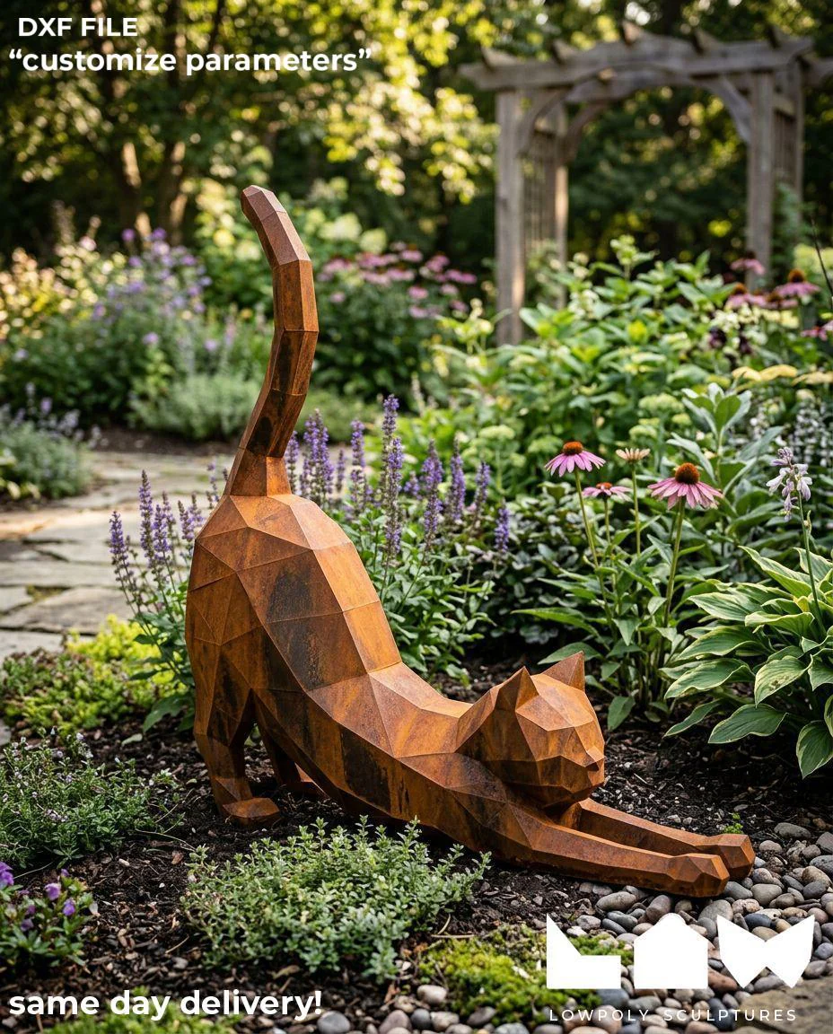 Cat Stretch lowpoly metal sculpture DXF laser cut welded or riveted render preview 1