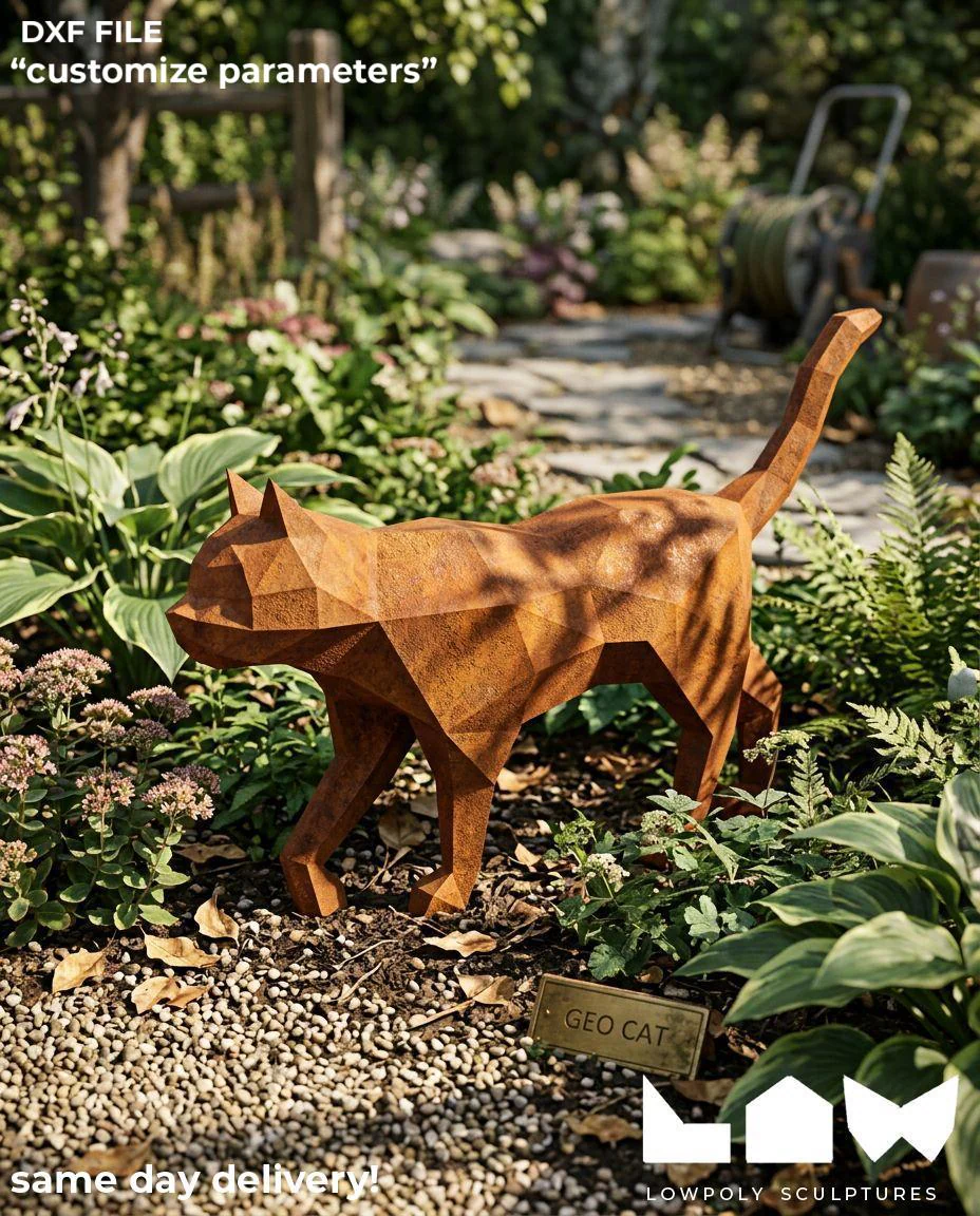 Cat Walk lowpoly metal sculpture DXF laser cut welded or riveted render preview 1