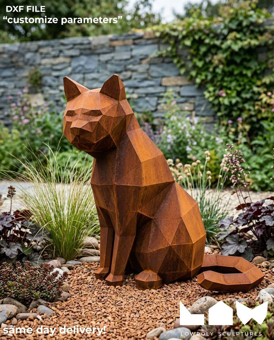 Cat lowpoly metal sculpture DXF laser cut welded or riveted render preview 1