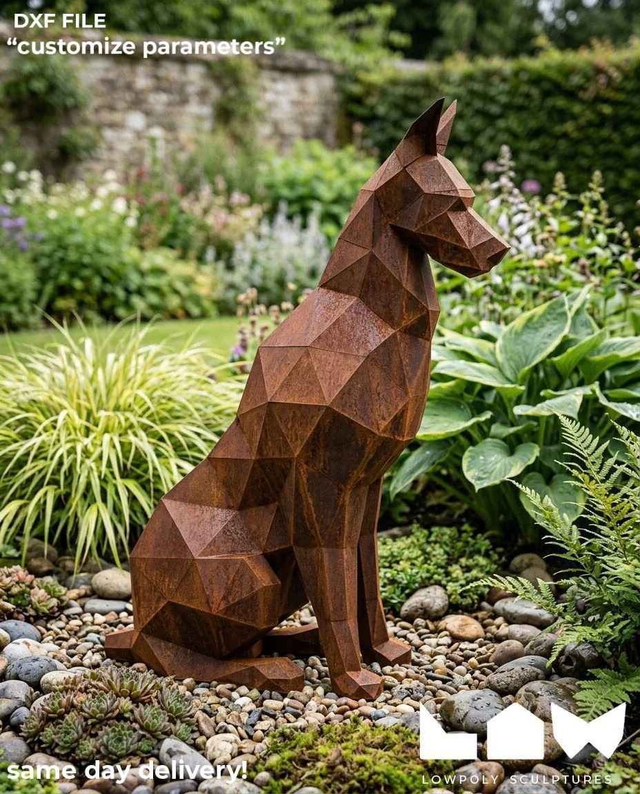 Doberman Sit lowpoly metal sculpture DXF laser cut welded or riveted render preview 1