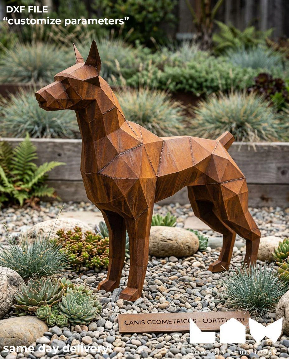 Doberman Stand lowpoly metal sculpture DXF laser cut welded or riveted render preview 1