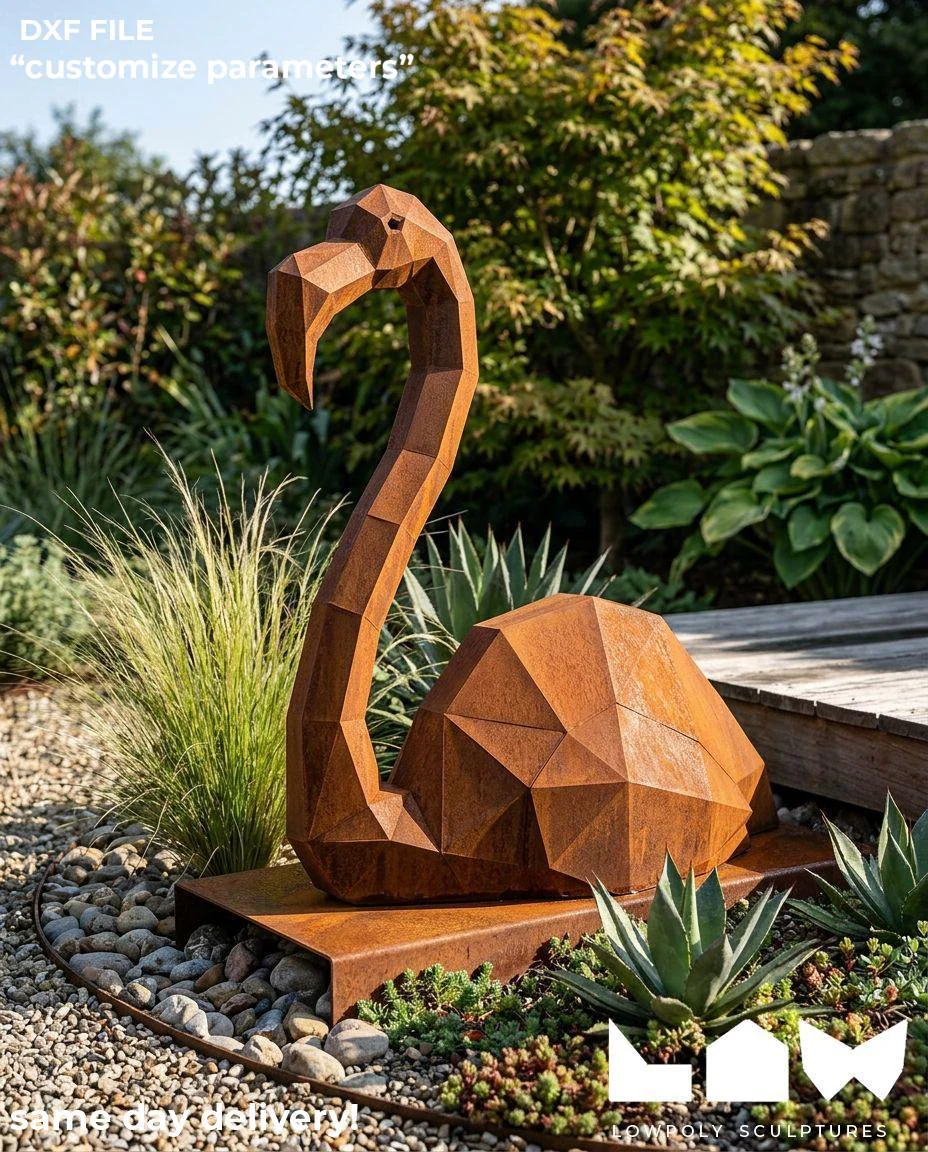 Flamingo Sit lowpoly metal sculpture DXF laser cut welded or riveted render preview 1