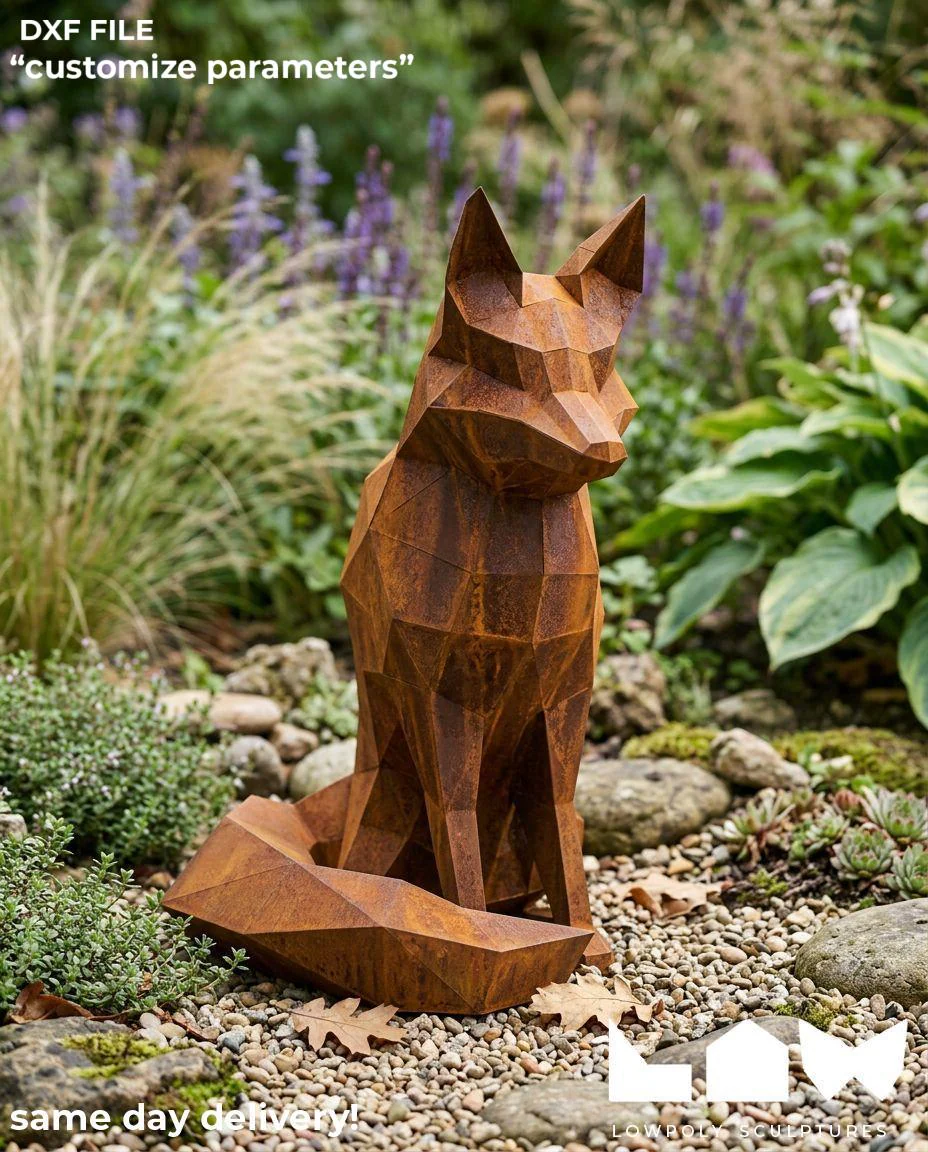 Fox Sit lowpoly metal sculpture DXF laser cut welded or riveted render preview 1