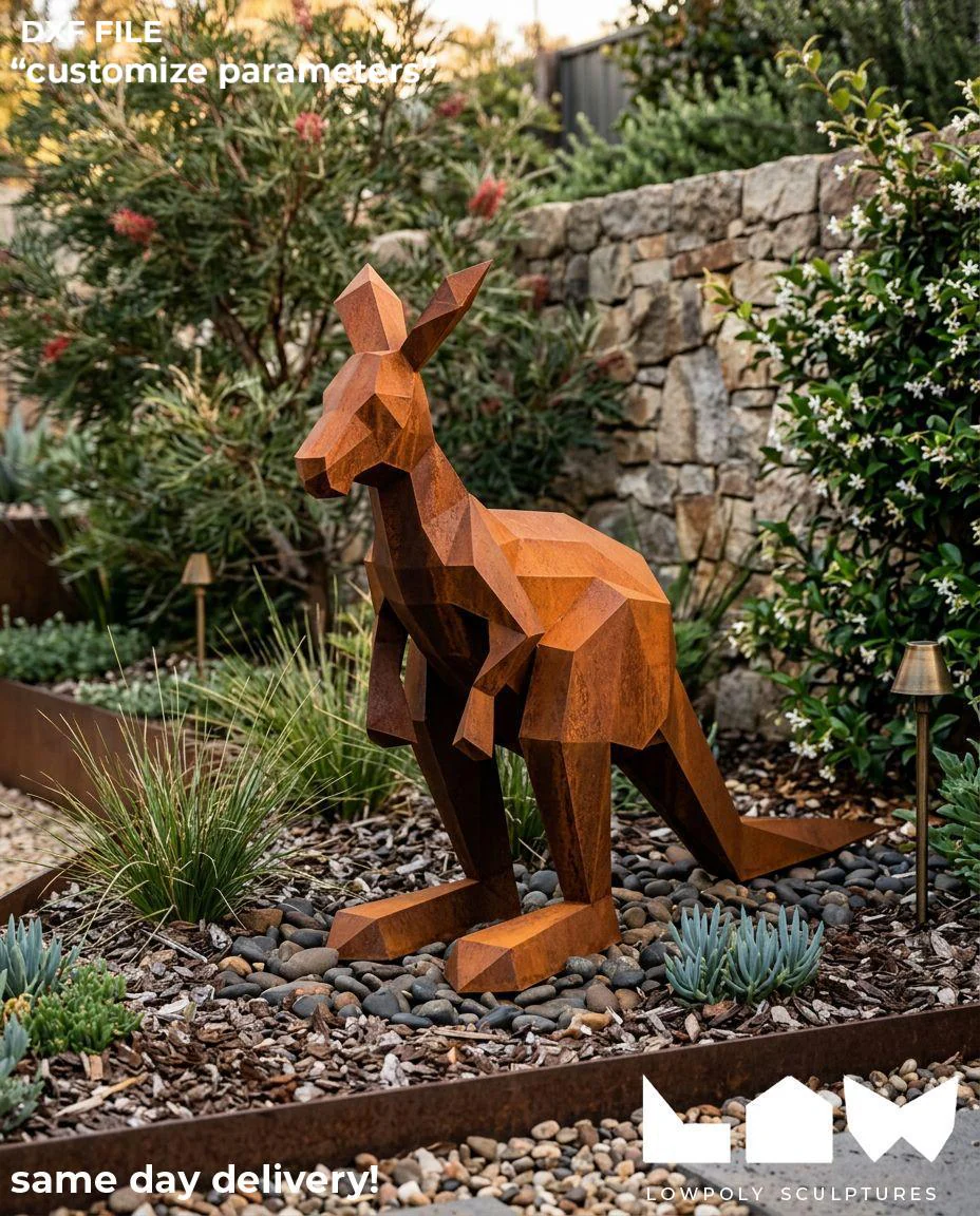 Kangaroo lowpoly metal sculpture DXF laser cut welded or riveted render preview 1