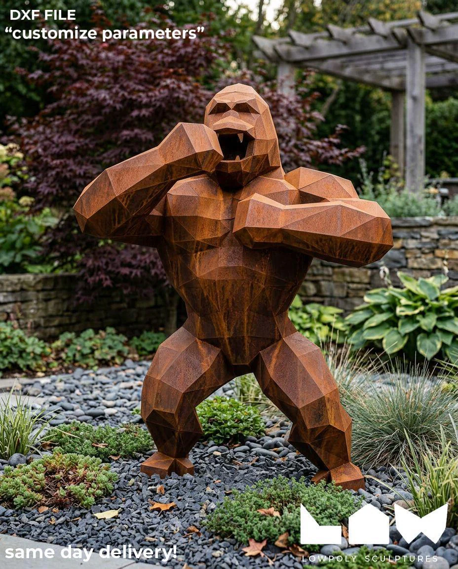 King Kong Angry lowpoly metal sculpture DXF laser cut welded or riveted render preview 1