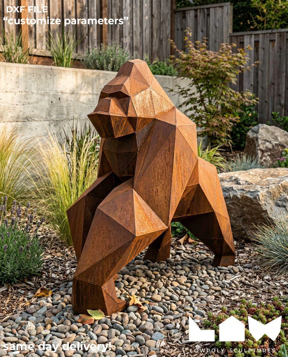 King Kong Walk lowpoly metal sculpture DXF laser cut welded or riveted render preview 1