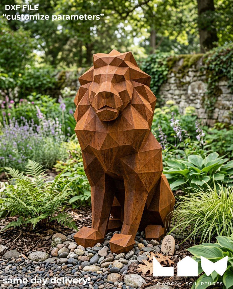 Lion Sit lowpoly metal sculpture DXF laser cut welded or riveted render preview 1
