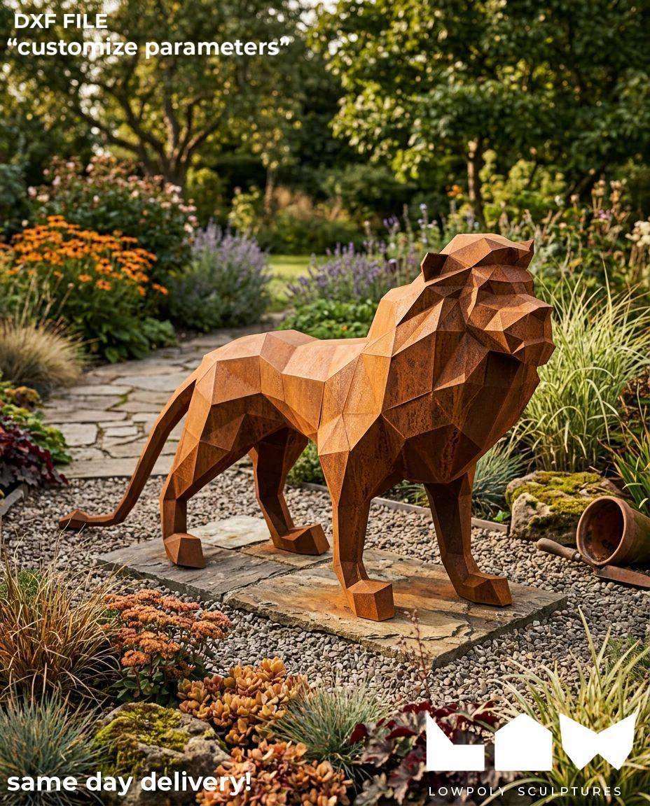 Lion lowpoly metal sculpture DXF laser cut welded or riveted render preview 1