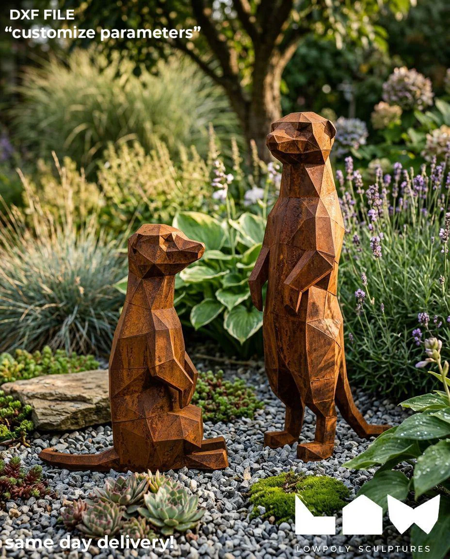 Meerkats lowpoly metal sculpture DXF laser cut welded or riveted render preview 1