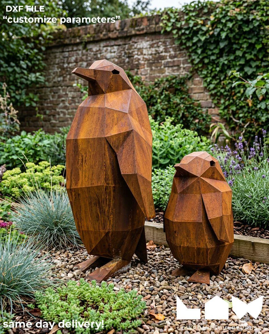 Penguin lowpoly metal sculpture DXF laser cut welded or riveted render preview 1