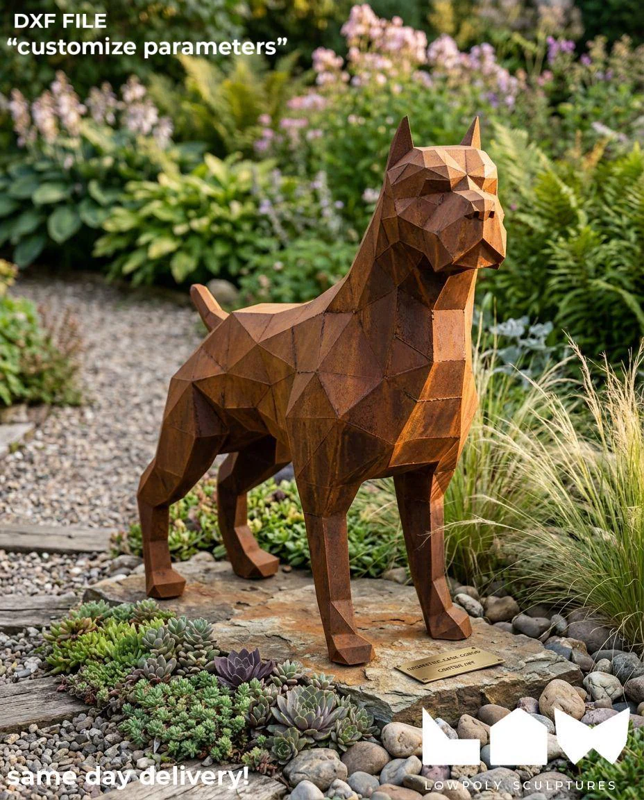 Pitbull lowpoly metal sculpture DXF laser cut welded or riveted render preview 1