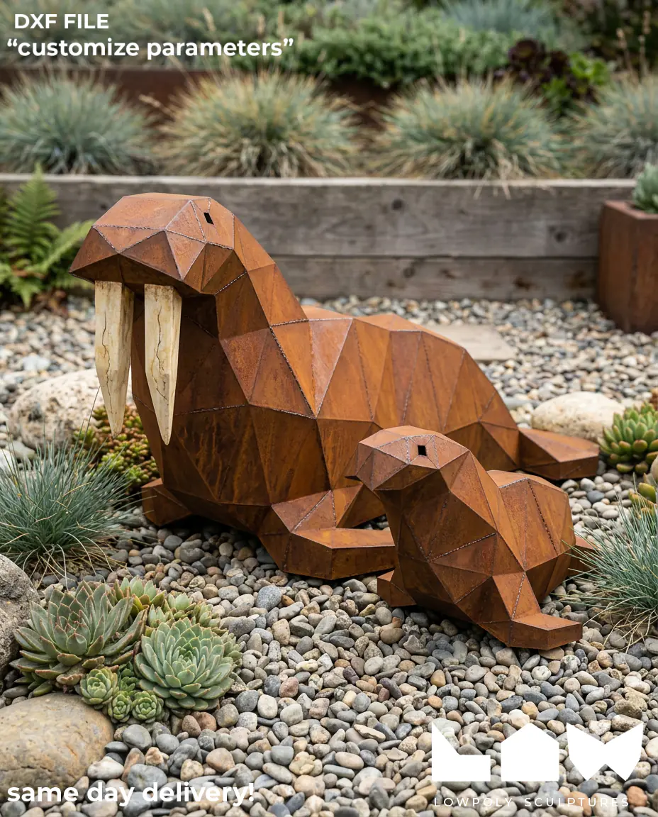 Sea Lion lowpoly metal sculpture DXF laser cut welded or riveted render preview 1