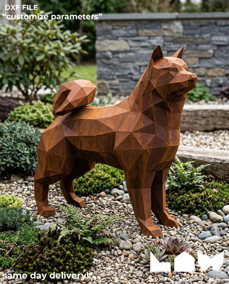Shiba Inu lowpoly metal sculpture DXF laser cut welded or riveted render preview 1