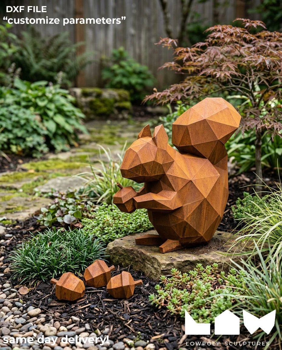 Squirrel lowpoly metal sculpture DXF laser cut welded or riveted render preview 1