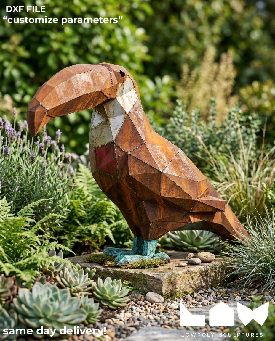 Toucan lowpoly metal sculpture DXF laser cut welded or riveted render preview 1