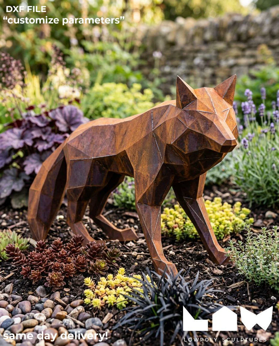 Wolf Stand lowpoly metal sculpture DXF laser cut welded or riveted render preview 1