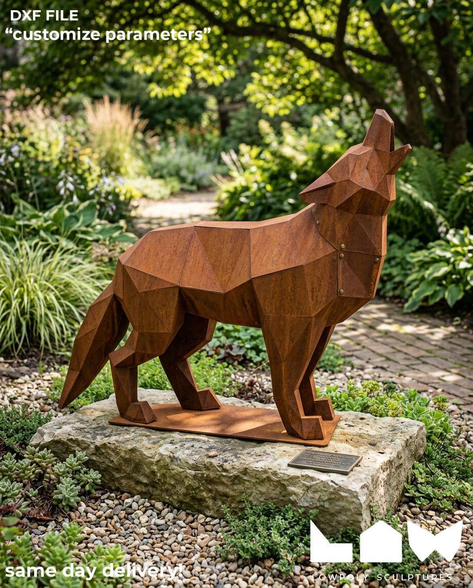 Wolf lowpoly metal sculpture DXF laser cut welded or riveted render preview 1
